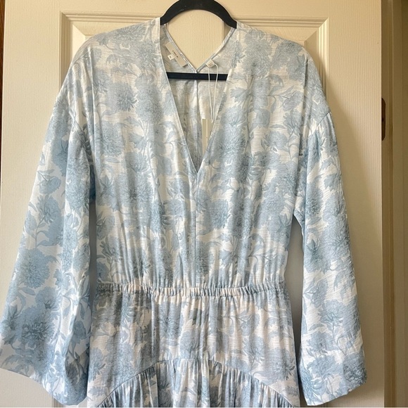Vince Dahlia Floral Summer Dress Long Sleeve V Neck Women M Baby Blue White - Picture 5 of 16